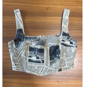 Isalis Newspaper Print 100% Cotton Corset Top Small Tan Black Graphic Streetwear